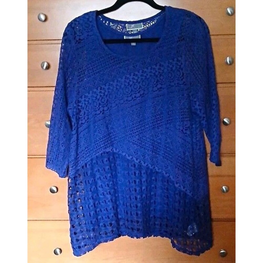 JM Collection Womens L Solid Purple Crochet Lined Round Neck 3/4 Sleeve Top